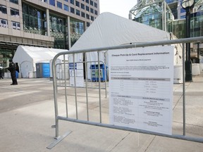 Tents at Metro Hall set up to distribute Ontario Works payments on Wednesday April 1, 2020.