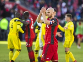 Toronto FC captain Michael Bradley acknowledges the fans following a game. Bradley says his injury rehab is going well.