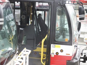 A bus sits empty at the TTC Comstock garage  on Monday March 23, 2020.