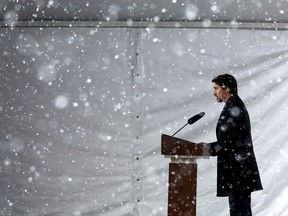 Canada's Prime Minister Justin Trudeau attends a news conference at Rideau Cottage in Ottawa on April 9, 2020.