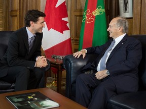 In this May 17, 2016, file photo, Prime Minister Trudeau meets with the Aga Khan in his Centre Block office in Ottawa.