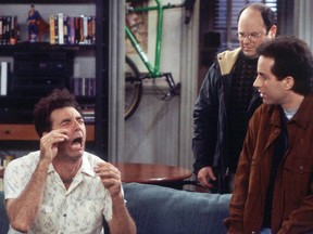 Pictured: (from left to right) Michael Richards as Kramer, Jason Alexander as George Costanza, Jerry Seinfeld as Jerry Seinfeld in "Seinfeld." (NBC photo)