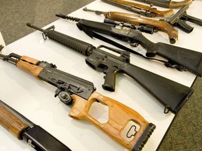 Pictured here are assault style rifles that could be subject to the Liberal government's ban.