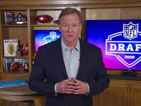 NFL commissioner Roger Goodell speaks from his home during the first round of the 2020 NFL draft.