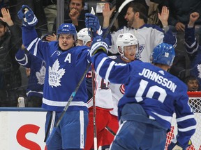 With the 2019-20 regular season officially over, Auston Matthews, seen here scoring against the Blue Jackets on Oct. 21 at Scotiabank Arena, finishes with 47 goals, still short of Rick Vaive’s team record. Should health and government authorities give the green light, the Leafs and Jackets will meet in a best-of-five play-in series in late July.