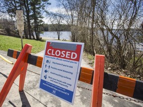 Bowyers Beach Park on Lake Muskoka, is closed, in Bracebridge, Ont. on Tuesday May 5, 2020.