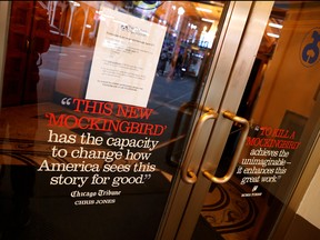 The closed box office of the Shubert Theatre where the play "To Kill a Mockingbird" plays after it was announced that Broadway shows will cancel performances due to the coronavirus outbreak in New York, March 12, 2020.