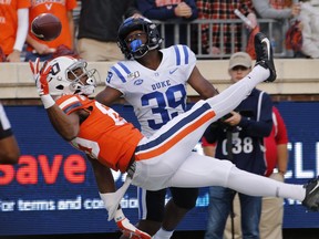 Virginia wide receiver Dejon Brissett (89) stretches out to catch a pass in the end zone against Duke last October. Brissett was the Argos' top draft pick recently, going No. 2 overall.