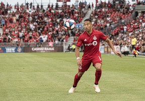 Toronto FC defender Justin Morrow (2) controls a pass during first half MLS action against the Houston Dynamo, in Toronto on Saturday, July 20, 2019. Amidst talk that the MLS may look to return to action with all teams playing in the Orlando area, veteran fullback Justin Morrow and other Toronto FC players are back training - albeit by themselves and under strict COVID-19 protocol.