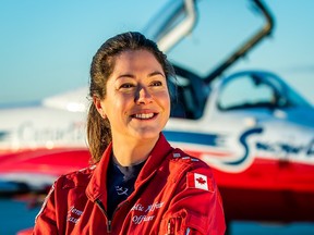 Royal Canadian Air Force Captain Jennifer Casey, who was killed in the crash of a jet from the Snowbirds aerobatics team in Kamloops, British Columbia, poses in an undated photograph.