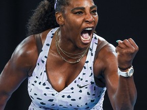 Serena Williams celebrates a point against Tamara Zidansek during their women's singles match on day three of the Australian Open tennis tournament in Melbourne on Jan. 22, 2020.