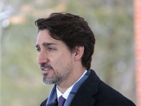 In this file photo taken on March 24, 2020, Canadian Prime Minister Justin Trudeau speaks during a news conference on COVID-19 situation in Canada from his residence in Ottawa, Canada.