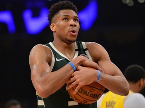 Milwaukee Bucks forward Giannis Antetokounmpo reacts against the Los Angeles Lakers during the second half at Staples Center in Los Angeles on March 6, 2020.