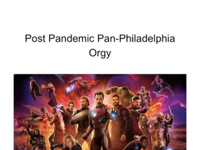 A flyer advertising an Avengers-themed "Post-Pandemic Pan-Philadelphia Orgy."