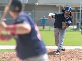 Toronto Maple Leafs pitcher Cam Gray fires a fastball during their game against the Brantford Red Sox at Dominico Field at Toronto's Christie Pits on July 7, 2019.