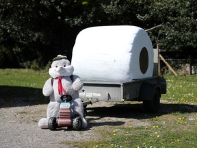 A soft toy is seen with a trailer containing a large replica toilet roll on a farm in Irby, Britain. A report released Wednesday said slowing down a second wave of COVID-19 could be assisted by studying human feces in sewer systems.
