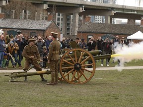 A cannon used during the First World War is fired after the singing of O Canada at Fort York marking the 100th anniversary of  at the Battle of Vimy Ridge, in Toronto on April 9, 2017.