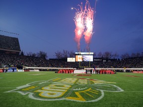 Fireworks burst over the end zone at Commonwealth Stadium prior to the 2010 Grey Cup final between the Montreal Alouettes and Saskatchewan Roughriders on Nov. 28, 2010.