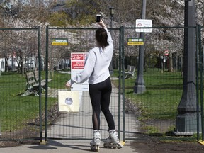 A roller-blader takes photos of a fenced in cherry blossom at Trinity Bellwoods Park on Thursday, May 7, 2020. Sun columnist Joe Warmington says enough is enough and it's time for officials to give the city's parks back over to the residents who have been following COVID-19 precautions.