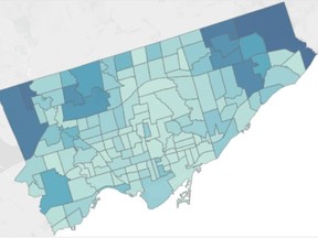 A map indicating how many positive cases of COVID-19 are found in each Toronto neighbourhood. The blue gets darker as the number of cases rises.