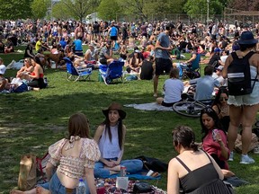 Hundreds of people are seen congregating in Trinity Bellwoods Park on Saturday.