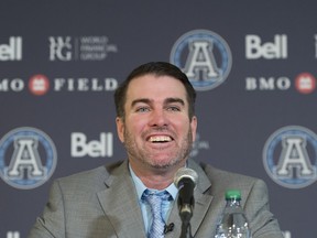 Toronto Argonauts new head coach Ryan Dinwiddie speaks to the media during a press conference in December. His debut has been put on hold due to the COVID-19 pandemic.