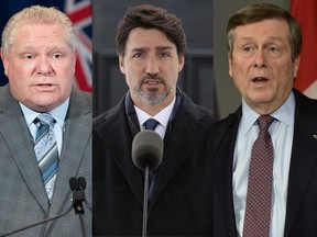 From left: Ontario Premier Doug Ford, Prime Minister Justin Trudeau and Toronto Mayor John Tory