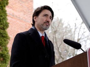 Prime Minister Justin Trudeau attends a news conference at Rideau Cottage, as efforts continue to slow the spread of COVID-19, in Ottawa, April 24, 2020.