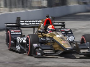 Canadian Driver James Hinchcliffe takes a turn during the qualifying session for the Honda Indy Toronto on Saturday, July 15, 2017. The 2020 event has been cancelled due to the COVID-19 pandemic.