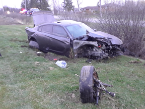 An image released by Caledon OPP of a wrecked car after a May 2, 2020 crash in Caledon on Innis Lake Rd. and King St.