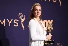 British actress Jodie Comer poses with the Emmy Outstanding Lead Actress in a Drama Series award for “Killing Eve” during the 71st Emmy Awards at the Microsoft Theatre in Los Angeles on Sept. 22, 2019. (Robyn Beck/AFP)