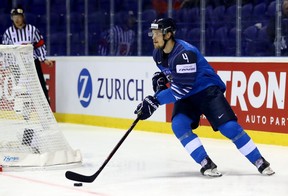 Finland’s Mikko Lehtonen skates with the puck during the 2019 world championship.