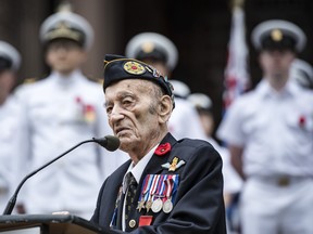 Capt. Martin Maxwell makes an address at an event commemorating the 75th anniversary of D-Day and the Battle of Normandy, at Old City Hall in Toronto, on Thursday, June 6, 2019.