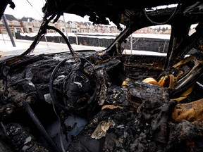 Interior of a torched tow truck from Feb. 2020.