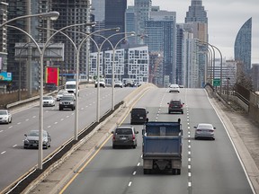 Mid-morning traffic along the Gardiner Expressway from the Dufferin St. bridge in Toronto on April 3, 2020.