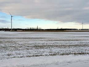 Two completed turbines and one partially complete pillar for the Nation Rise Wind Farm seen on January 7, 2020 near Crysler, Ont.