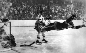Boston Bruins’ Bobby Orr is airborne after scoring the goal that won the Stanley Cup for the Boston Bruins, May 10, 1970, against the St. Louis Blues at Boston Garden.
