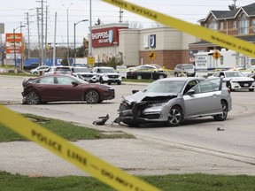 Peel Regional Police investigate after a violent chain of events that began with a collision at Cawthra Rd. south of Burhamthorpe Rd. and saw three people stabbed before it ended with police-involved shooting on Saturday, May 2, 2020.