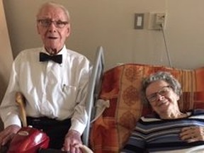 Lawrence Haney and his wife, Lillian, six weeks before the COVID-19 pandemic lockdown. They'll be married 74 years in September, the same month Lillian will turn 99. They live in the same Cambridge long-term care home, but have not been able to see each other since the lockdown began.