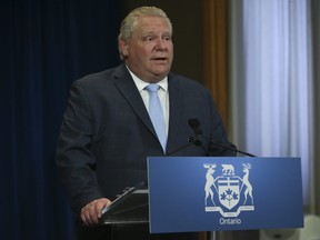 Ontario Premier Doug Ford speaks at his daily briefing about mask usage and PPE at Queen's Park in Toronto on Wednesday, May 20, 2020.