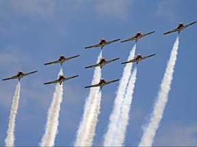 The Canadian Forces Snowbirds fly over Edmonton on Friday May 15, 2020.