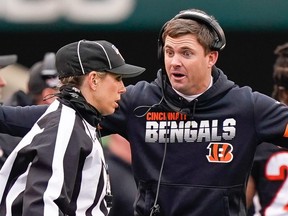 Head coach Zac Taylor of the Cincinnati Bengals argues with an official during an NFL football game.