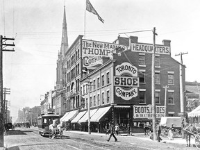 This photo is from the collection of the late John Bromley, a friend who knew more about the history of the hundreds of vehicles used by the city's various public transportation systems since the first horsecars were introduced in 1861. In fact, in this 1890 photo the photographer has captured one of the Toronto Street Railway Company's 262 horsecars crossing Jarvis St. as it heads east on King St. from its western terminal at Frederick St. Then curving north at Sherbourne St. the car (it must be rush hour as it's pulled by two horses) would soon reach its east terminal at Bloor St. SHERBOURNE, one of the city's first transit routes, was eventually combined with two other early routes, SPADINA and BLOOR to form the very popular BELT LINE that encircled the city's downtown core. This route was converted from horse power to electric power in mid-December 1892. Also visible in this view is the spire of St. James Cathedral that was completed in 1875 and for a time its pinnacle at 305 ft. was the highest point in the young city. The chime bells were installed in the church tower in 1865 and the 12 change-ringing bells were added in 1997 to celebrate the Cathedral's bicentennial. The Toronto Shoe Company, with a factory and store at the northwest corner of King and Jarvis, went into business in the 1860s and into receivership in 1896. The building sat empty until demolished until the present structure opened as a branch of the Bank of Commerce in 1907.