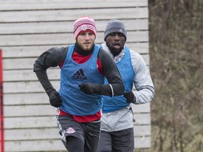 Toronto FC forward Jozy Altidore (17) (R) and Toronto FC midfielder Michael Bradley (4) at TFC practice at KIA Centre in 2016. TFC general manager Ali Curtis told the Toronto Sun he hopes the team can be back at the training facility on Monday.