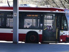 A TTC bus sits empty on Wednesday, May 13, 2020.