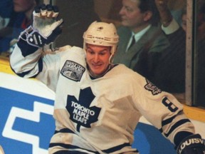Toronto Maple Leaf's Mats Sundin celebrates with Todd Warriner following Warriner's goal against the Dallas Stars.