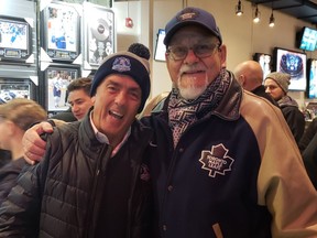 Rolf Bjordammen (right) with Ultimate Leaf Fan Mike Wilson at Scotiabank last season. Wilson is writing a book on attending every Leafs game in 2018-19, called The Ultimate Road Trip.