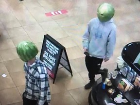 Two suspects robbed a supermarket in Louisa, Va., wearing watermelons on their head.