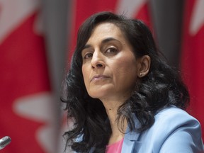Public Services and Procurement Minister Anita Anand listens to a question during a news conference in Ottawa in April.