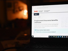 The employment insurance section of the Government of Canada website is shown on a laptop in Toronto on April 4, 2020.